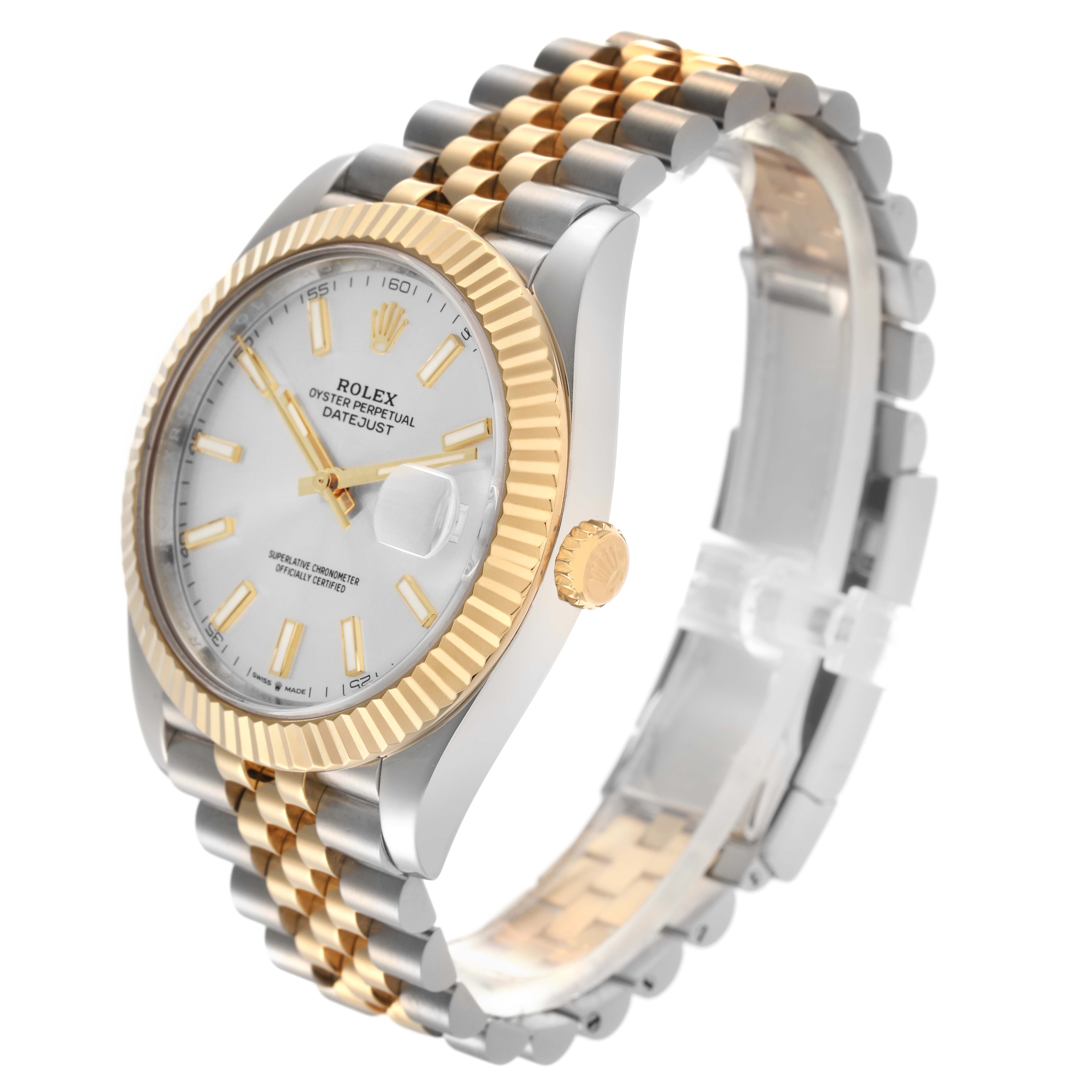 The Rolex Datejust 41 126333 Men's Steel and Gold (two tone) Silver Dial 126333 Men's Steel and Gold (two tone) Silver Dial is shown from an oblique angle, highlighting the gold fluted bezel, white dial, and Jubilee bracelet.