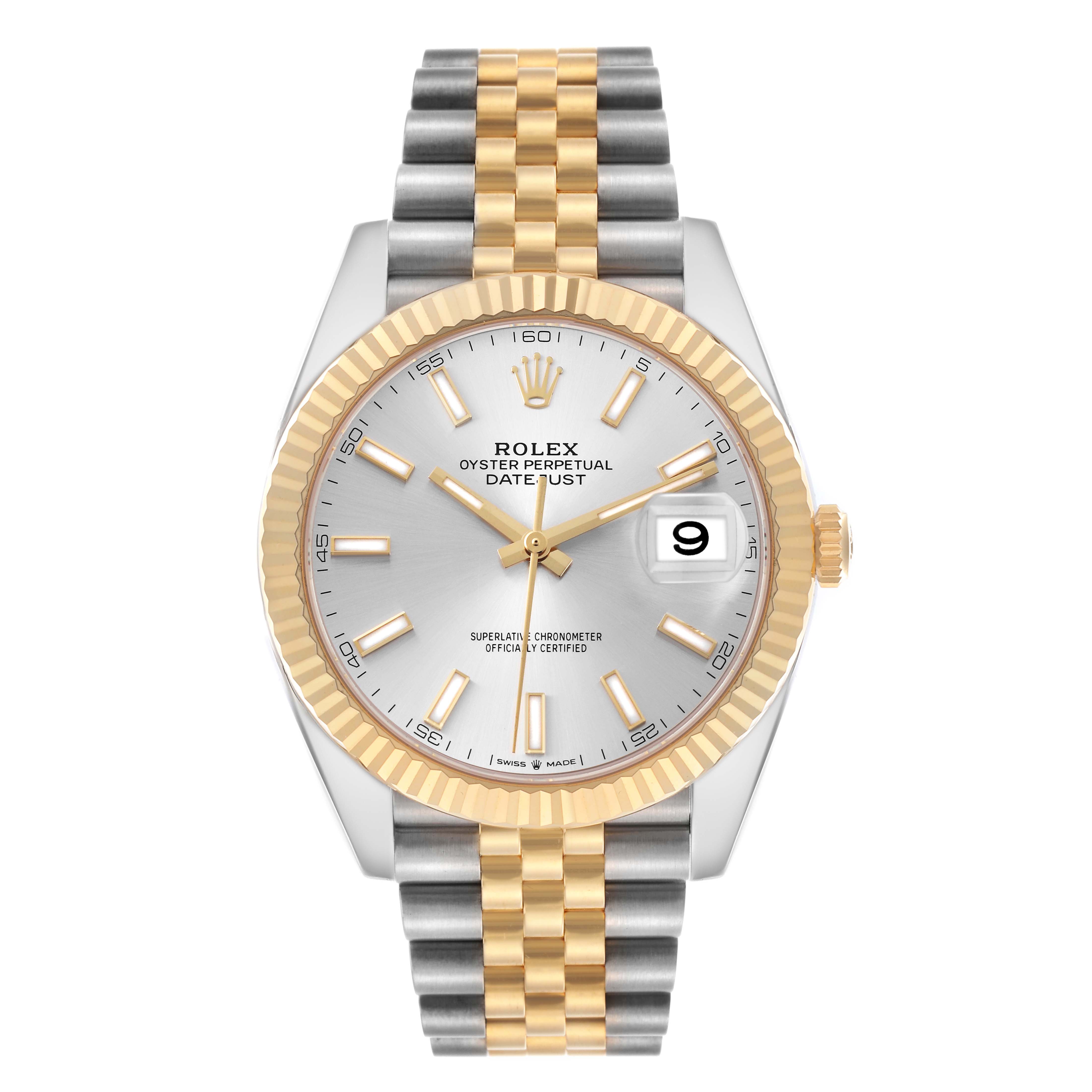 The Rolex Datejust 41 126333 Men's Steel and Gold (two tone) Silver Dial 126333 Men's Steel and Gold (two tone) Silver Dial watch is shown from a front angle, highlighting its dial, fluted bezel, and two-tone Jubilee bracelet.