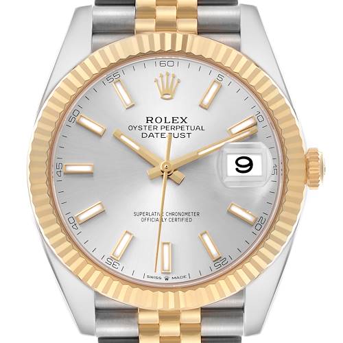 The image shows a front view of the Rolex Datejust 41 126333 Men's Steel and Gold (two tone) Silver Dial 126333 Men's Steel and Gold (two tone) Silver Dial watch, highlighting the dial, fluted bezel, and bracelet.