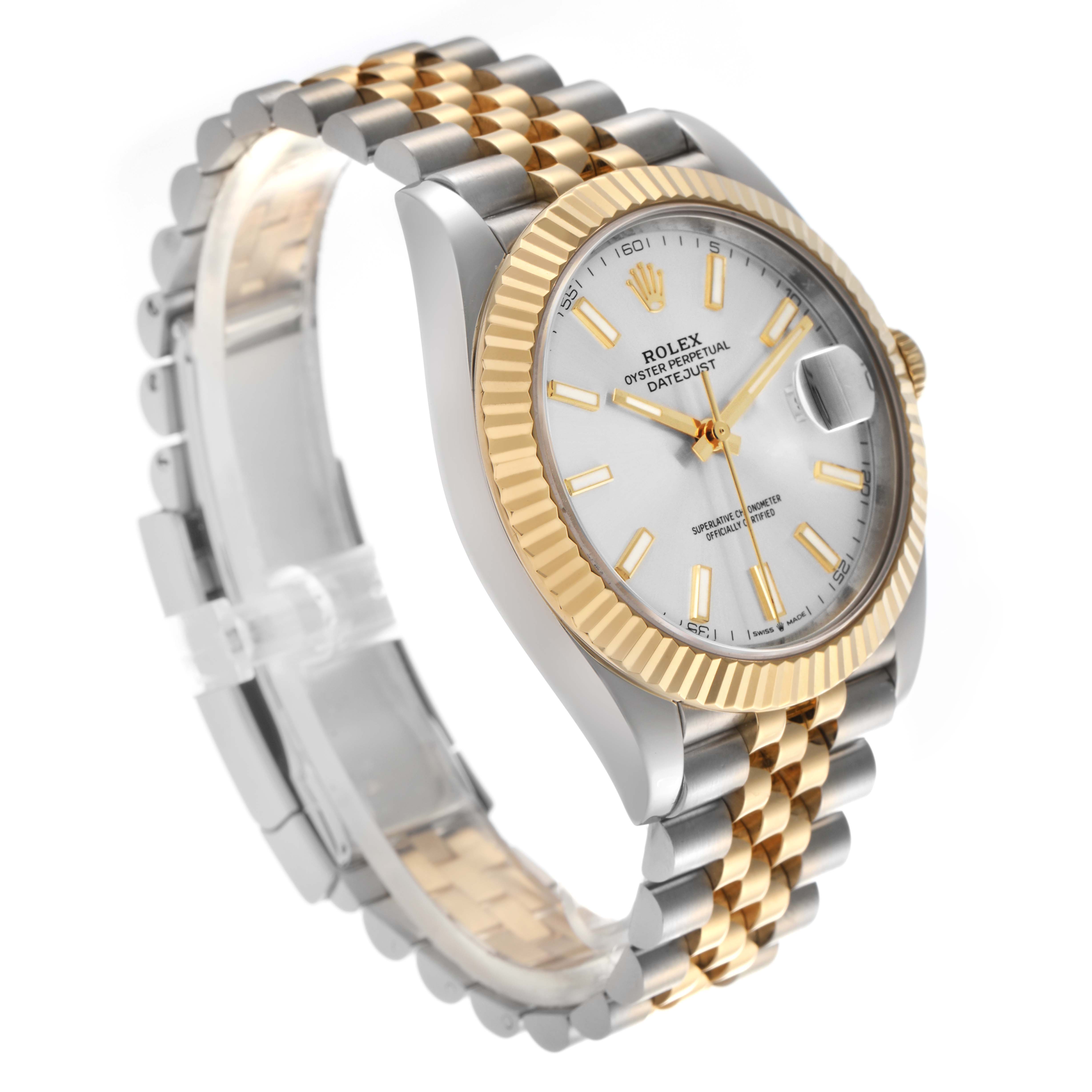 The Rolex Datejust 41 126333 Men's Steel and Gold (two tone) Silver Dial 126333 Men's Steel and Gold (two tone) Silver Dial watch is shown at an angled side view, featuring its fluted bezel, Jubilee bracelet, and champagne dial.