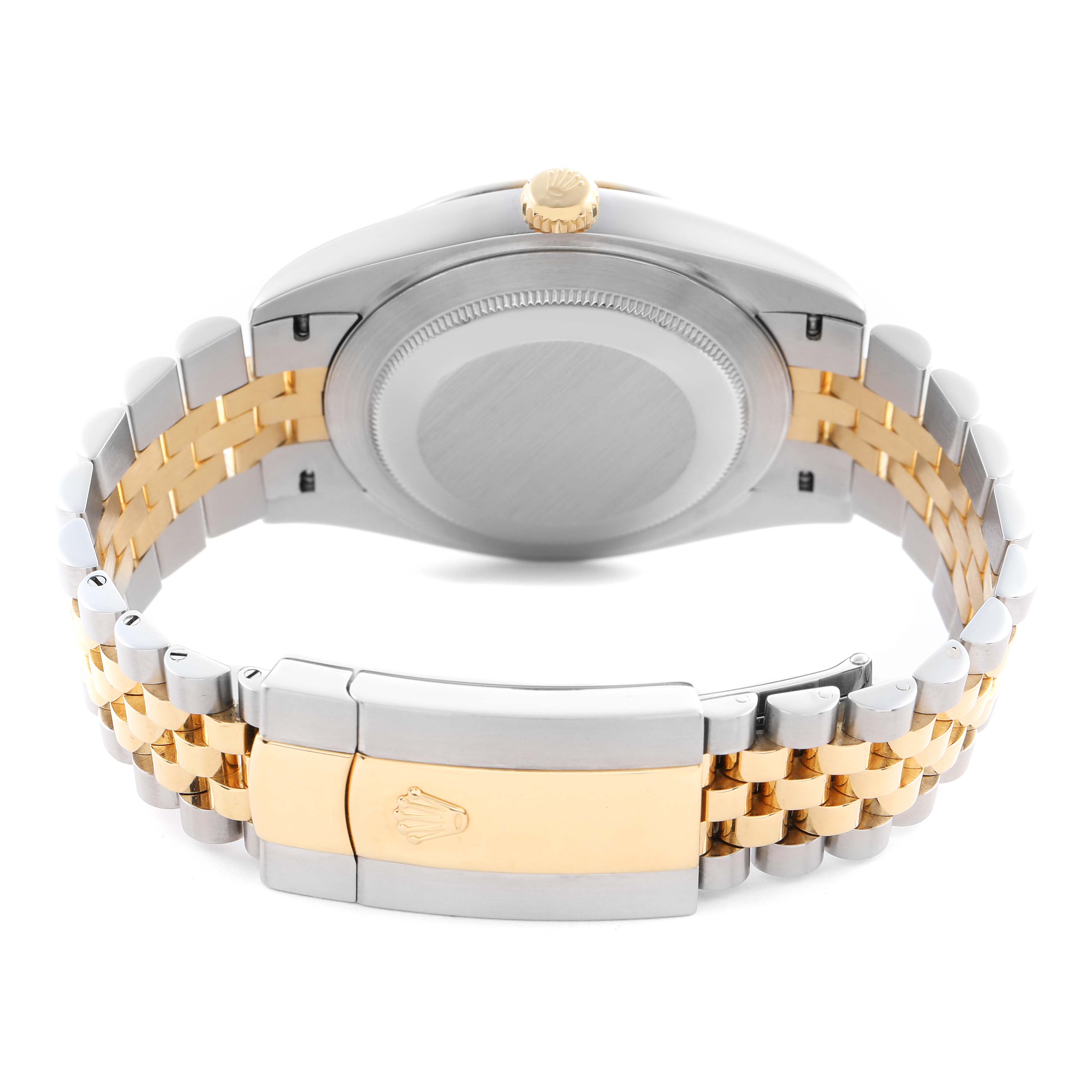 The image shows the back and bracelet of a Rolex Datejust 41 126333 Men's Steel and Gold (two tone) Silver Dial 126333 Men's Steel and Gold (two tone) Silver Dial, highlighting the clasp and crown from a rear angle.