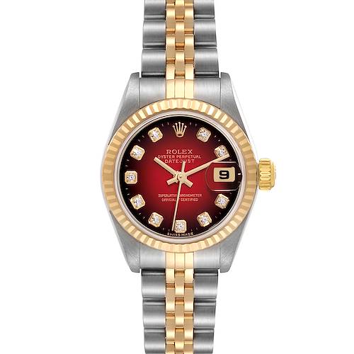 This Rolex Datejust 79173 Women's Steel and Gold (two tone) Red Dial 79173 Women's Steel and Gold (two tone) Red Dial watch is shown from the front, featuring its dial, date window, bezel, crown, and two-tone bracelet.