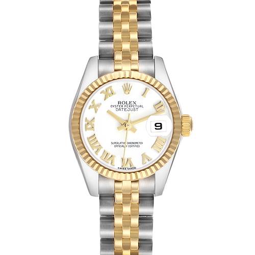 The Rolex Datejust 179173 Women's Steel and Gold (two tone) White Dial 179173 Women's Steel and Gold (two tone) White Dial watch is shown from a top-down view, displaying the dial, bezel, hands, crown, and bracelet.