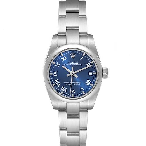The Rolex Oyster Perpetual 176200 Women's Stainless Steel Blue Dial 176200 Women's Stainless Steel Blue Dial watch is shown from a front angle, displaying the blue dial, silver hour markers, bezel, and bracelet.