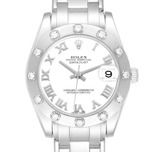 The Rolex Pearlmaster 81319 Women's White Gold White Dial 81319 Women's White Gold White Dial watch is shown from the front, highlighting its dial, bezel, and bracelet.