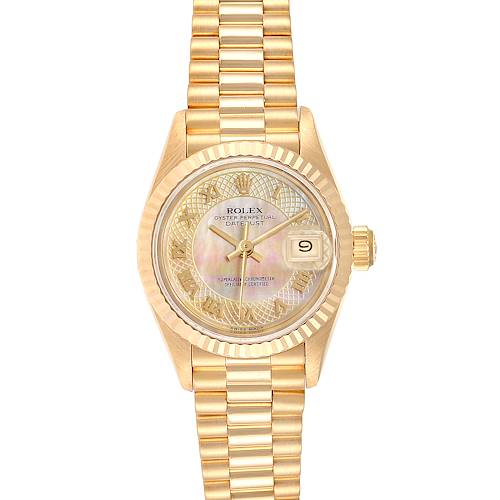 The image shows a frontal view of the Rolex President 69178 Women's Yellow Gold Mother of Pearl Dial 69178 Women's Yellow Gold Mother of Pearl Dial model watch, including the dial, bezel, crown, and bracelet.