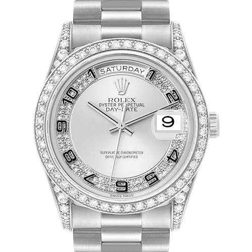 This image shows a front view of the Rolex President 18389MG Men's White Gold Silver Dial 18389MG Men's White Gold Silver Dial model watch, highlighting its bezel, dial, and bracelet.