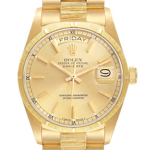 The Rolex President 18078 Men's Yellow Gold Champagne Dial 18078 Men's Yellow Gold Champagne Dial model is shown from the front, highlighting its gold dial, day-date display, and fluted bezel.