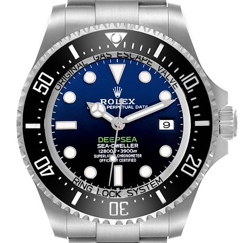 The Rolex Sea-Dweller 136660 Men's Stainless Steel Blue Dial 136660 Men's Stainless Steel Blue Dial watch is shown from a front angle, highlighting the face, bezel, and part of the bracelet.