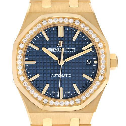 The Audemars Piguet Royal Oak 15451BA.ZZ.1256BA.01 Men's Yellow Gold Blue Dial 15451BA.ZZ.1256BA.01 Men's Yellow Gold Blue Dial watch is shown from the front, displaying its blue dial, gold case, and diamond-set bezel.