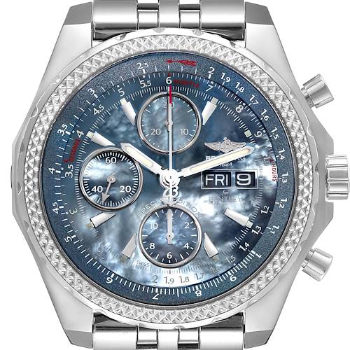 The image shows a front view of a Breitling Bentley A13362 Men's Stainless Steel Mother of Pearl Dial A13362 Men's Stainless Steel Mother of Pearl Dial watch, highlighting its face, dials, buttons, and bracelet.
