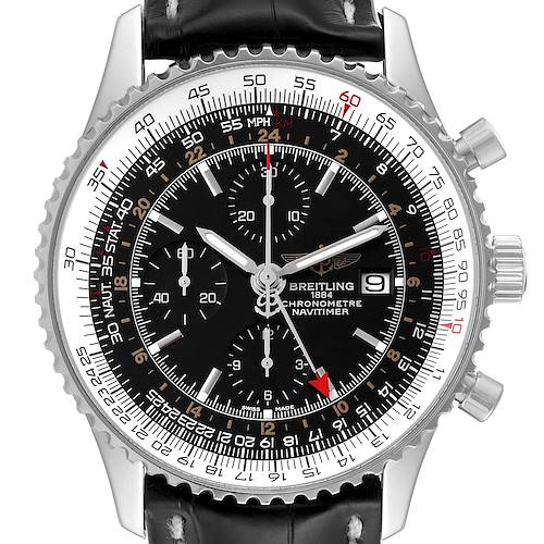 The Breitling Navitimer A24322 Men's Stainless Steel Black Dial A24322 Men's Stainless Steel Black Dial watch is shown from a front angle, displaying its dial, bezel, crown, and part of the leather strap.