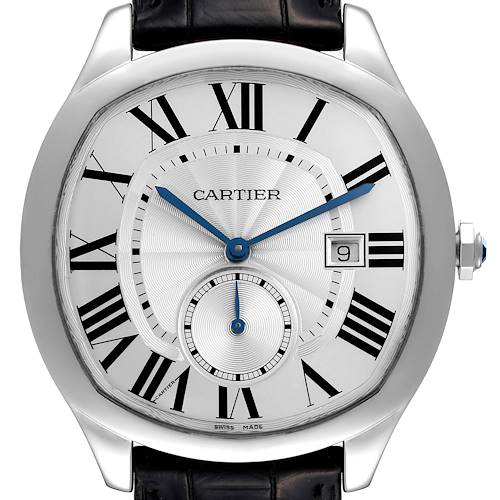 The image shows a close-up of the face and bezel of a Drive de Cartier watch by Cartier.