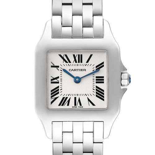 The image shows a front-facing view of the Cartier Santos Demoiselle W25065Z5 Women's Stainless Steel Silver Dial W25065Z5 Women's Stainless Steel Silver Dial watch, featuring its square dial and stainless steel bracelet.