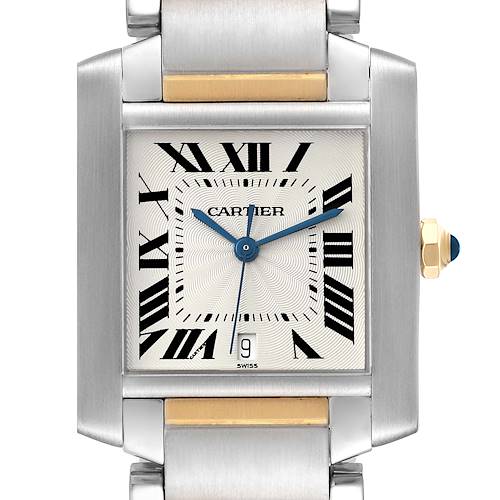 The image shows a front view of the Cartier Tank Française watch, highlighting the face, hands, crown, and part of the bracelet.