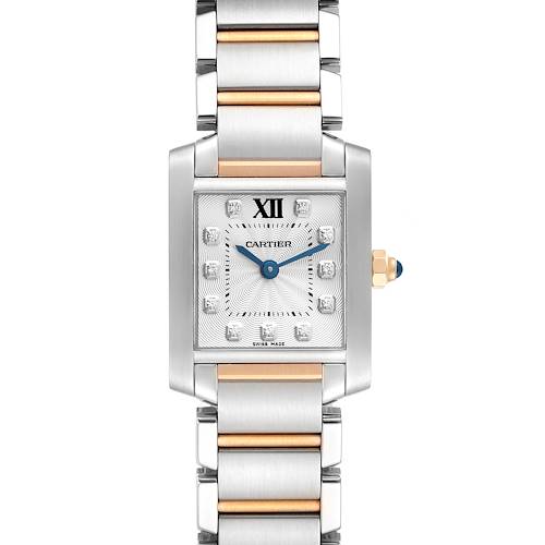The image shows a Cartier Tank Francaise WE110004 Women's Steel and Gold (two tone) Silver Dial WE110004 Women's Steel and Gold (two tone) Silver Dial watch from a front angle, highlighting the face, bezel, and dual-tone bracelet.