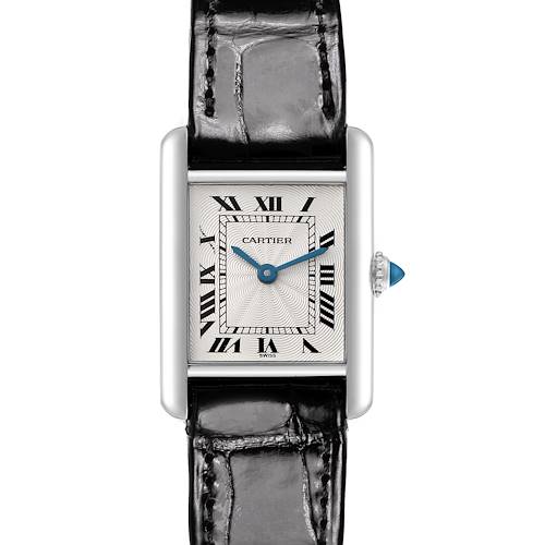 The Cartier Tank Louis W1509251 Women's Platinum Silver Dial W1509251 Women's Platinum Silver Dial watch is shown from a front angle, highlighting the rectangular face, Roman numerals, blue hands, and leather strap.