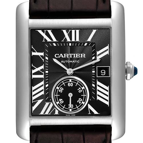 The image shows a frontal view of the Cartier Tank MC W5330004 Men's Stainless Steel Black Dial W5330004 Men's Stainless Steel Black Dial watch, highlighting the dial, hands, and date window.