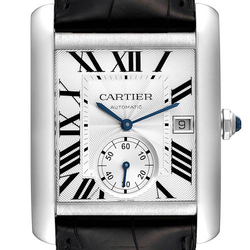 This image shows a front view of the Cartier Tank MC W5330003 Men's Stainless Steel Silver Dial W5330003 Men's Stainless Steel Silver Dial watch, displaying its Roman numeral dial, date window, and sub-dial.