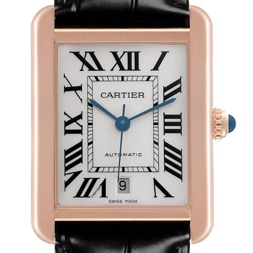 The Cartier Tank Solo W5200026 Men's Steel and Gold (two tone) Silver Dial W5200026 Men's Steel and Gold (two tone) Silver Dial watch is shown from a front angle, highlighting the face, Roman numerals, and crown.