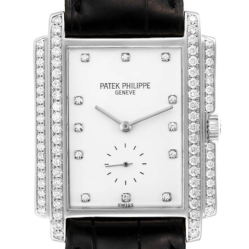 The image shows a front view of a Patek Philippe Gondolo 5025G Men's White Gold White Dial 5025G Men's White Gold White Dial watch, highlighting its dial, diamond markers, and black strap.