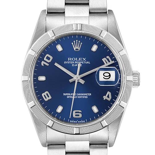 This image shows a front view of the Rolex Date 15210 Men's Stainless Steel Blue Dial 15210 Men's Stainless Steel Blue Dial model watch, highlighting the blue dial, date window, and stainless steel bracelet.