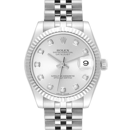 This Rolex Oyster Perpetual Datejust Mid-Size watch is shown from the front, highlighting the face, bezel, and part of the bracelet.