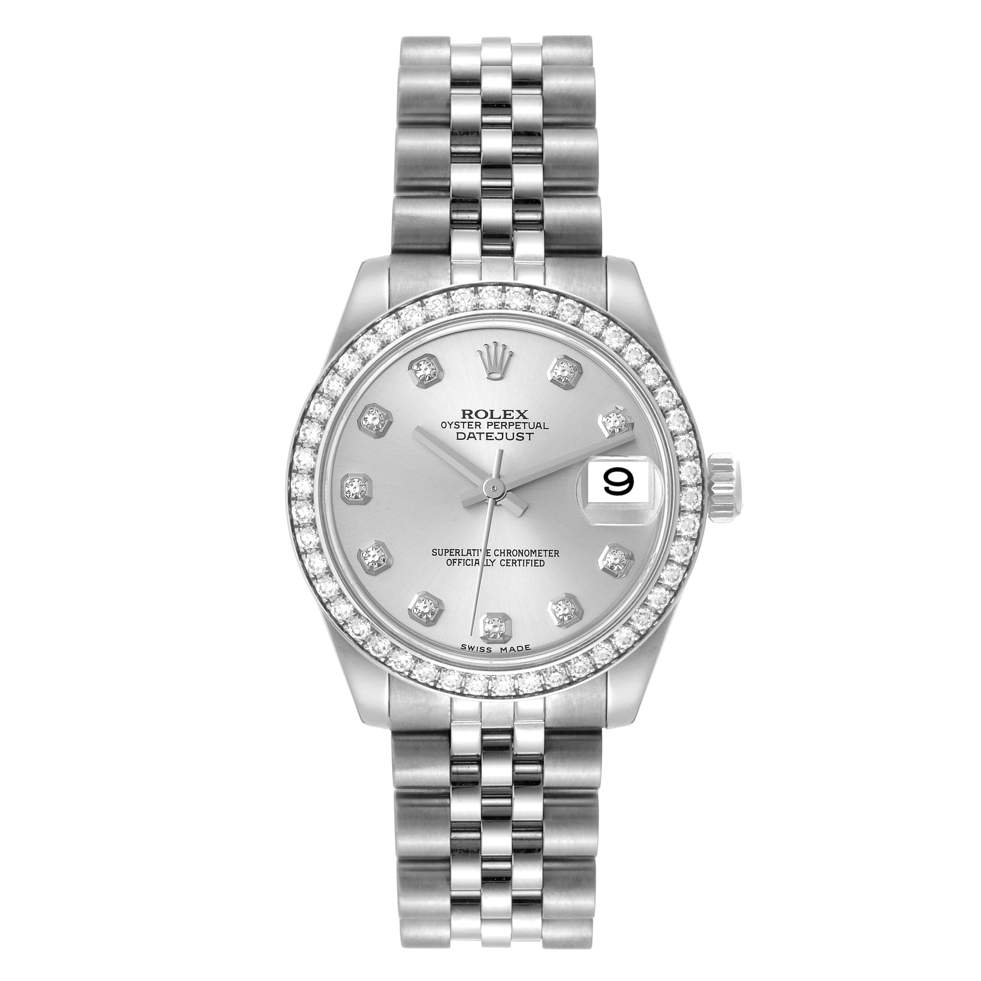 The image shows the front view of a Rolex Mid-Size 178384 Women's Stainless Steel Silver Dial 178384 Women's Stainless Steel Silver Dial Oyster Perpetual Datejust watch with a silver dial and diamond bezel.