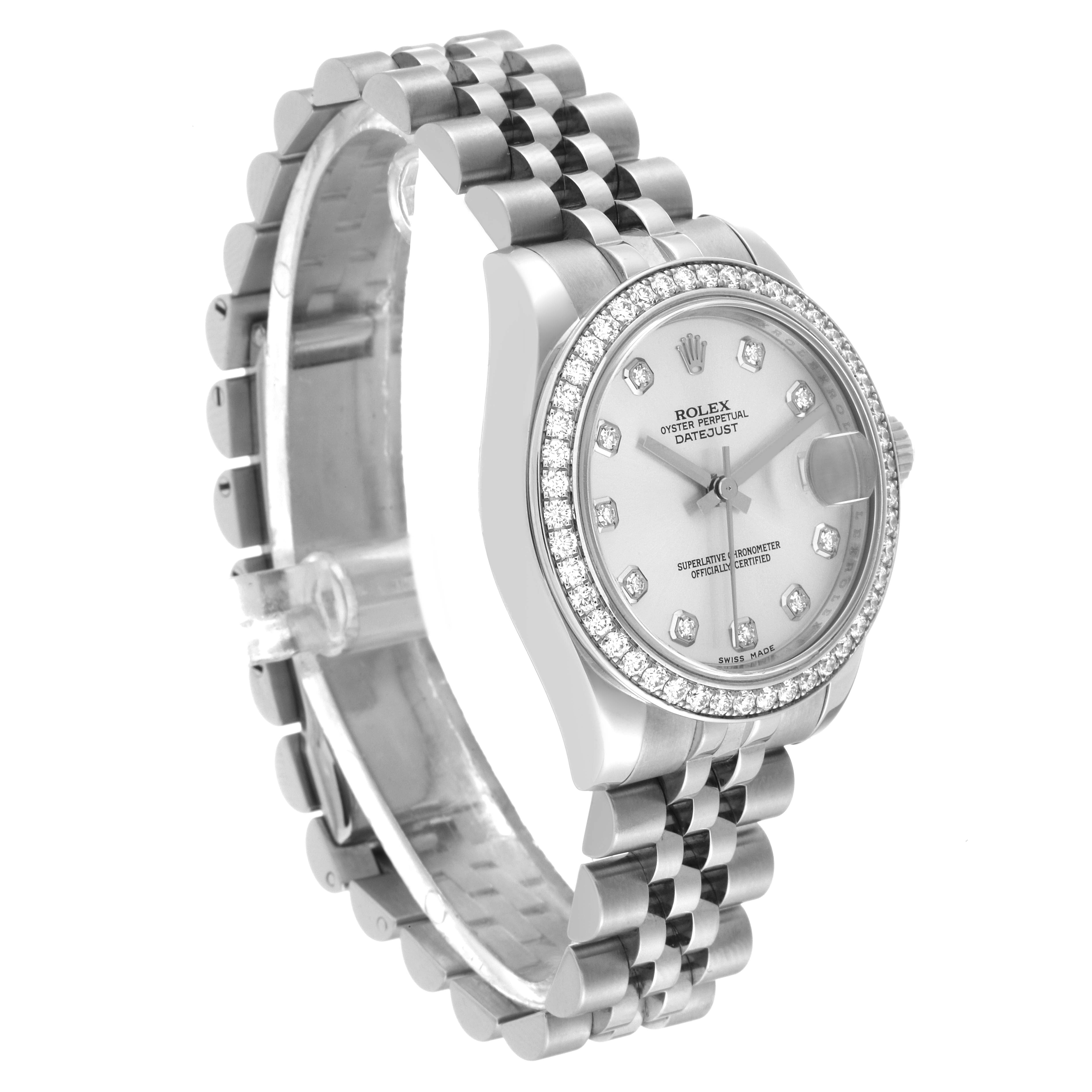 This side-angle view of a mid-size Rolex Datejust watch features its dial, bezel, and bracelet.