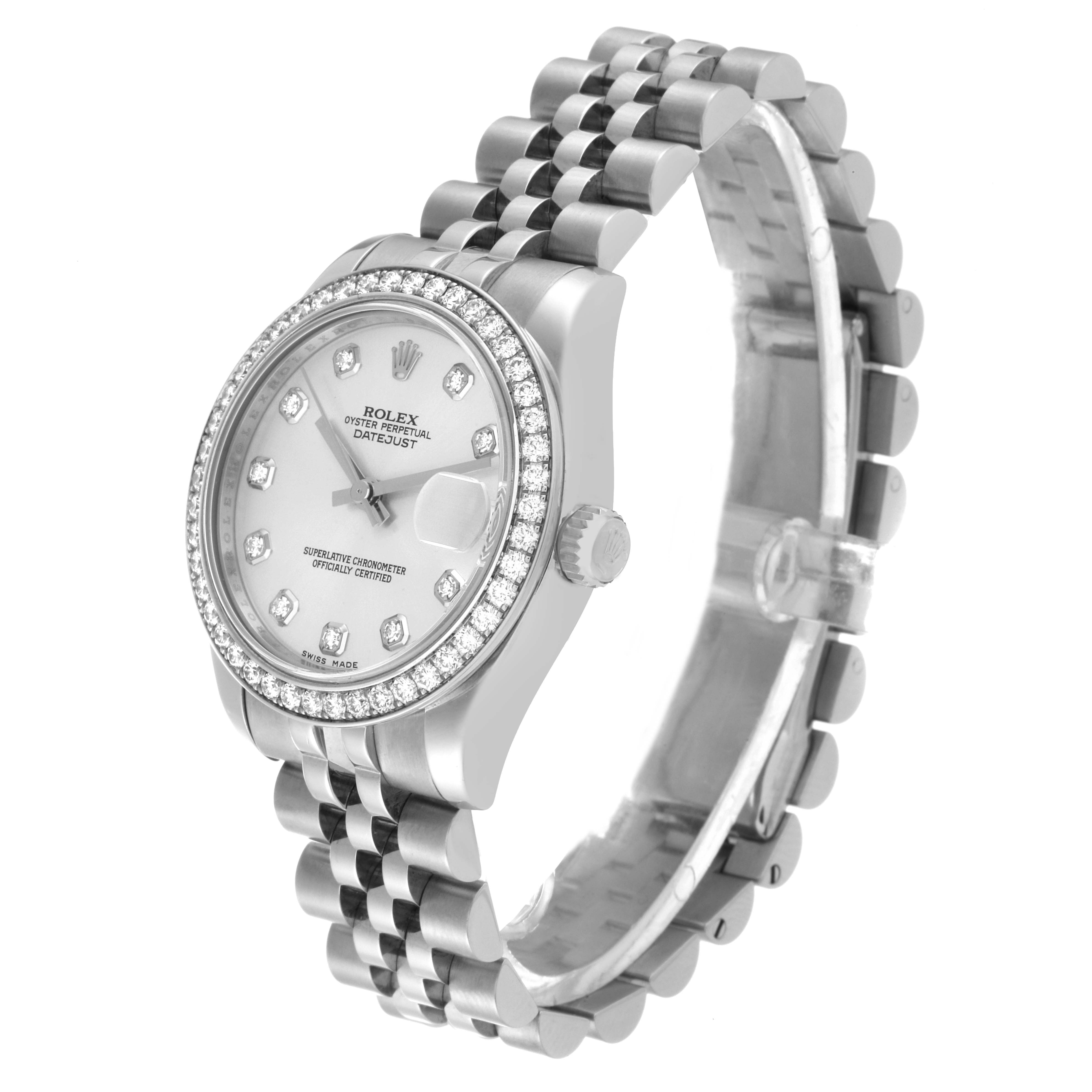 This image shows a side angle view of a Rolex Mid-Size 178384 Women's Stainless Steel Silver Dial 178384 Women's Stainless Steel Silver Dial Datejust watch highlighting the dial, bezel, and bracelet.