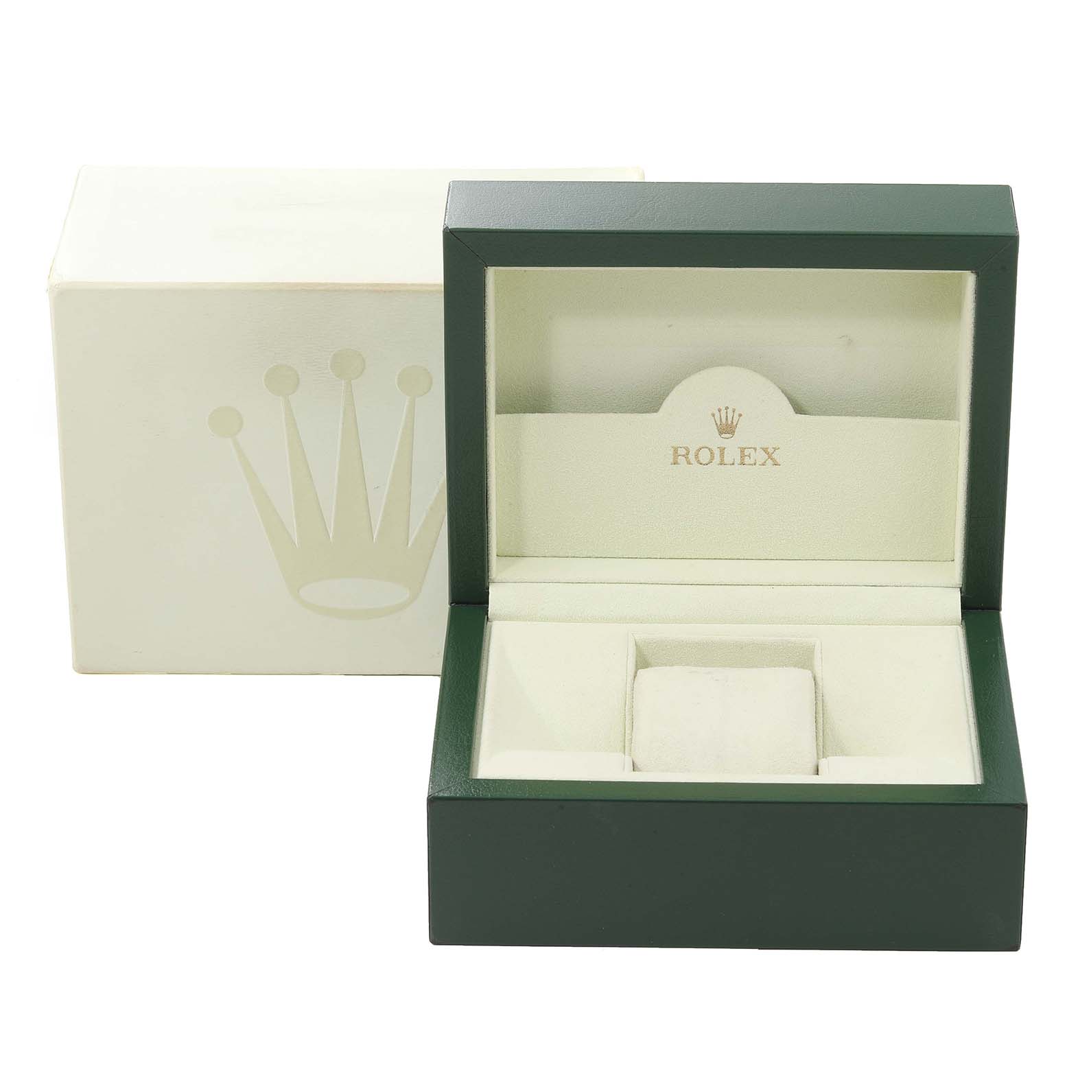The image shows an open Rolex Mid-Size 178384 Women's Stainless Steel Silver Dial 178384 Women's Stainless Steel Silver Dial watch box and its outer packaging, viewed from the front.