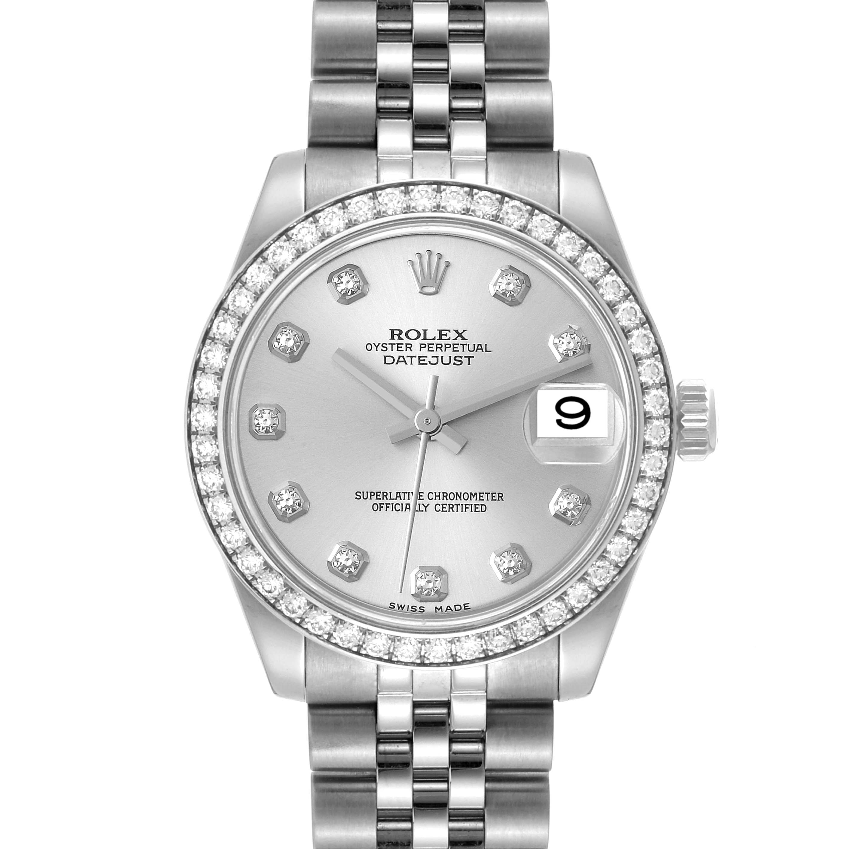 The image shows a front view of a Rolex Mid-Size 178384 Women's Stainless Steel Silver Dial 178384 Women's Stainless Steel Silver Dial Oyster Perpetual Datejust watch, highlighting its dial, bezel, and bracelet.