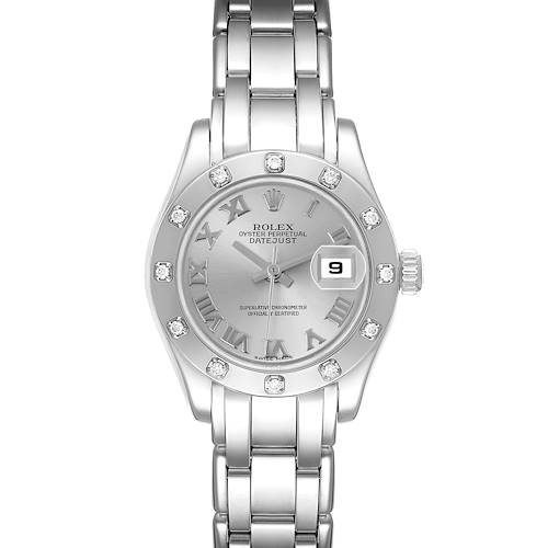 The Rolex Pearlmaster 80319 Women's White Gold Silver Dial 80319 Women's White Gold Silver Dial watch is shown from the front, displaying the dial, bezel with diamonds, bracelet, and date window.