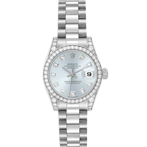 The Rolex President 179159 Women's Platinum Blue Dial 179159 Women's Platinum Blue Dial model watch is shown from a top view, highlighting its face, bezel, and bracelet.