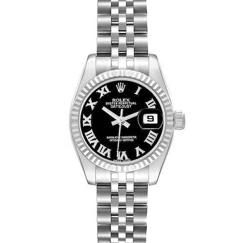 The Rolex Datejust 179174 Women's Stainless Steel Black Dial 179174 Women's Stainless Steel Black Dial watch is shown from a top-down angle displaying the face, bezel, crown, and part of the bracelet.