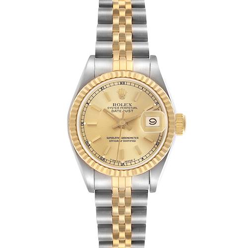 The Rolex Datejust 69173 Women's Steel and Gold (two tone) Champagne Dial 69173 Women's Steel and Gold (two tone) Champagne Dial watch is shown from a front view, highlighting the dial, bezel, and two-tone bracelet.