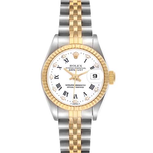 The Rolex Datejust 69173 Women's Steel and Gold (two tone) White Dial 69173 Women's Steel and Gold (two tone) White Dial watch is shown from a front angle, highlighting its two-tone bracelet, bezel, and face with date display.