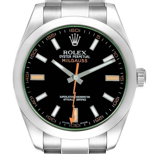 The image shows a front view of the Rolex Milgauss 116400 Men's Stainless Steel Black Dial 116400 Men's Stainless Steel Black Dial watch, highlighting the dial, hands, markers, and case.