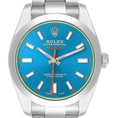 The Rolex Milgauss 116400 Men's Stainless Steel Blue Dial 116400 Men's Stainless Steel Blue Dial watch is shown from the front, highlighting the blue dial, orange lightning-bolt seconds hand, and bracelet top.