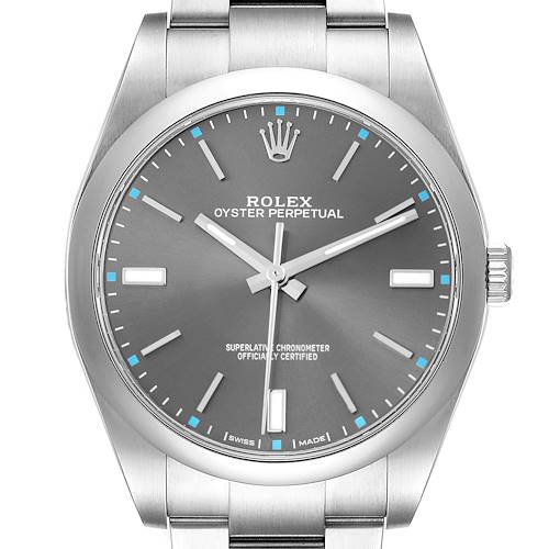 The Rolex Oyster Perpetual 114300 Men's Stainless Steel Grey Dial 114300 Men's Stainless Steel Grey Dial watch is shown from a front angle, highlighting the dial, hands, markers, bezel, and part of the bracelet.