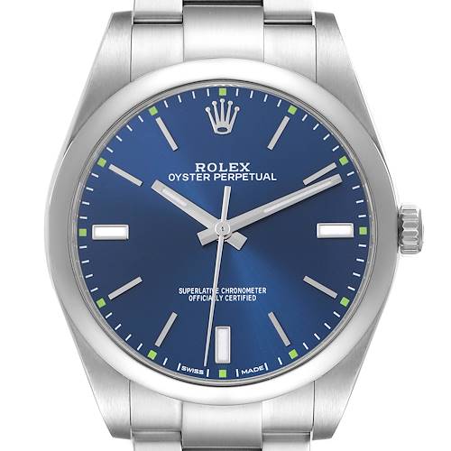 The Rolex Oyster Perpetual 114300 Men's Stainless Steel Blue Dial 114300 Men's Stainless Steel Blue Dial watch is shown from the front, displaying the dial, crown, and part of the bracelet.