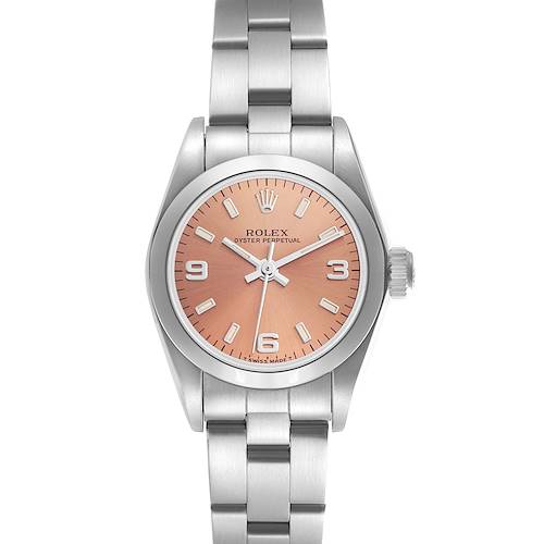 The Rolex Oyster Perpetual 67180 Women's Stainless Steel Pink Dial 67180 Women's Stainless Steel Pink Dial watch is shown from a top-down angle, displaying the dial, bracelet, and crown.