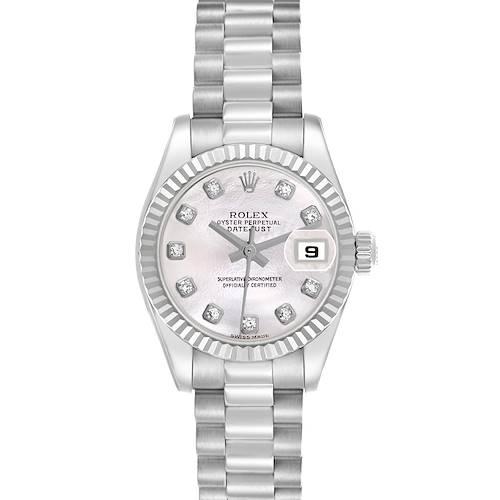The Rolex President 179179 Women's White Gold Mother of Pearl Dial 179179 Women's White Gold Mother of Pearl Dial model watch is shown from a top angle, highlighting its face, bezel, crown, and bracelet.
