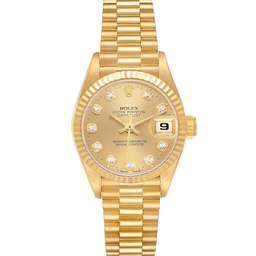 The Rolex President 69178 Women's Yellow Gold Champagne Dial 69178 Women's Yellow Gold Champagne Dial model is shown from the front, displaying the dial, bezel, crown, and bracelet.