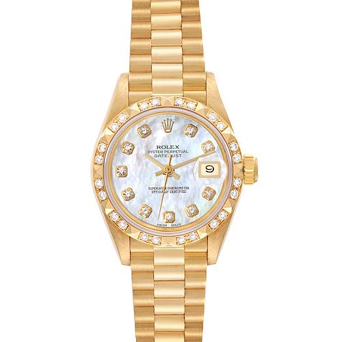 This is a front view of the Rolex President 69258 Women's Yellow Gold Mother of Pearl Dial 69258 Women's Yellow Gold Mother of Pearl Dial model, showcasing its dial, diamond hour markers, and metal bracelet.