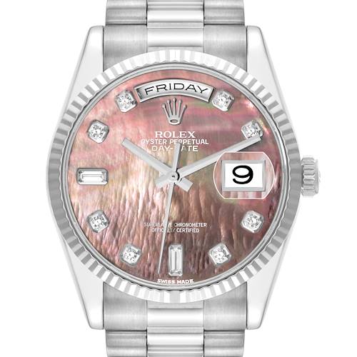 The Rolex President 118239 Men's White Gold Mother of Pearl Dial 118239 Men's White Gold Mother of Pearl Dial model watch is shown from a front angle, highlighting its dial, bezel, day date display, and bracelet.