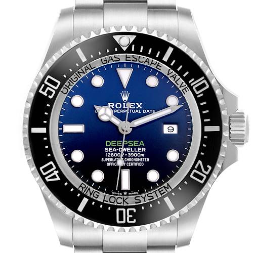 The Rolex Sea-Dweller 126660 Men's Stainless Steel Blue Dial 126660 Men's Stainless Steel Blue Dial watch is shown from the front, displaying its bezel, dial, and crown.