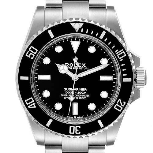 The image shows a front view of a Rolex Submariner 124060 Men's Stainless Steel Black Dial 124060 Men's Stainless Steel Black Dial watch, highlighting the dial, bezel, and parts of the bracelet.