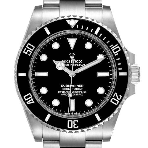 The image shows a front view of the Rolex Submariner 124060 Men's Stainless Steel Black Dial 124060 Men's Stainless Steel Black Dial watch, highlighting its dial, bezel, and part of the bracelet.