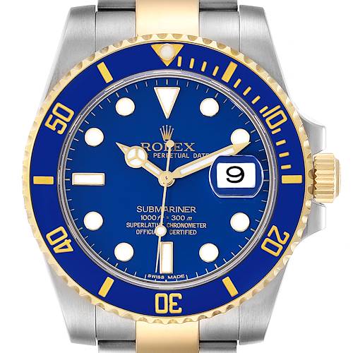 The image shows a front view of the Rolex Submariner 116613 Men's Steel and Gold (two tone) Blue Dial 116613 Men's Steel and Gold (two tone) Blue Dial watch, highlighting its blue dial, gold accents, and date window.